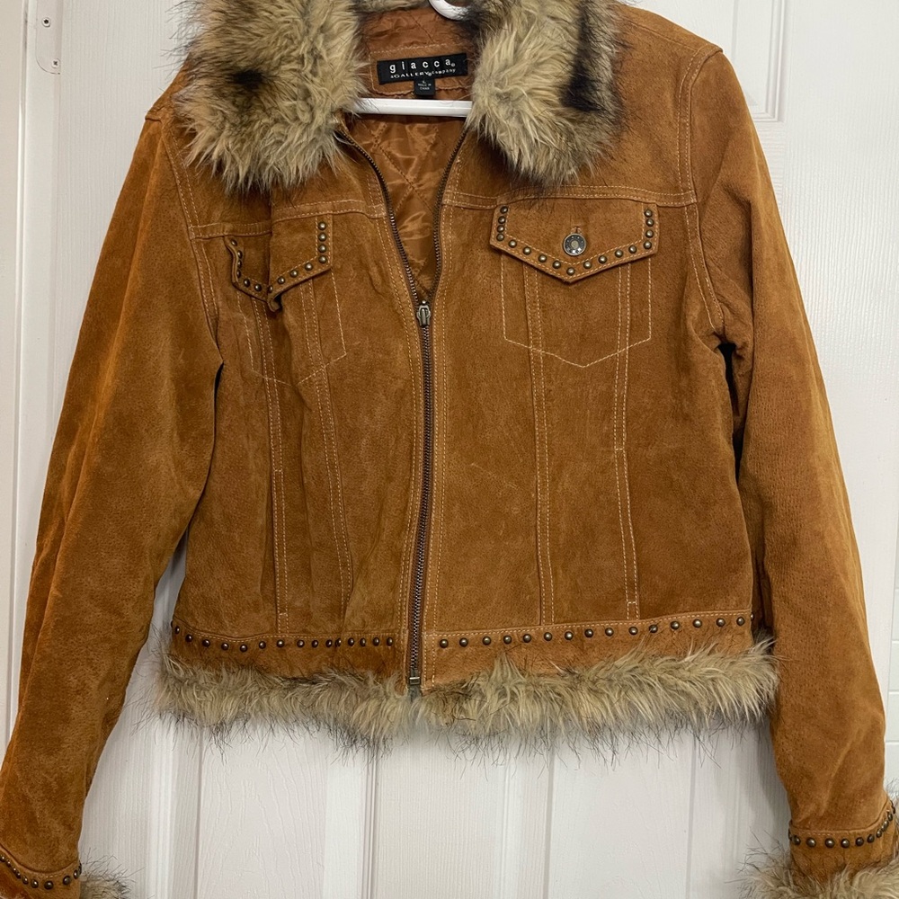 Gorgeous Vintage Giacca Suede Leather Fur Collar Studded Tan Bomber Jacket Large